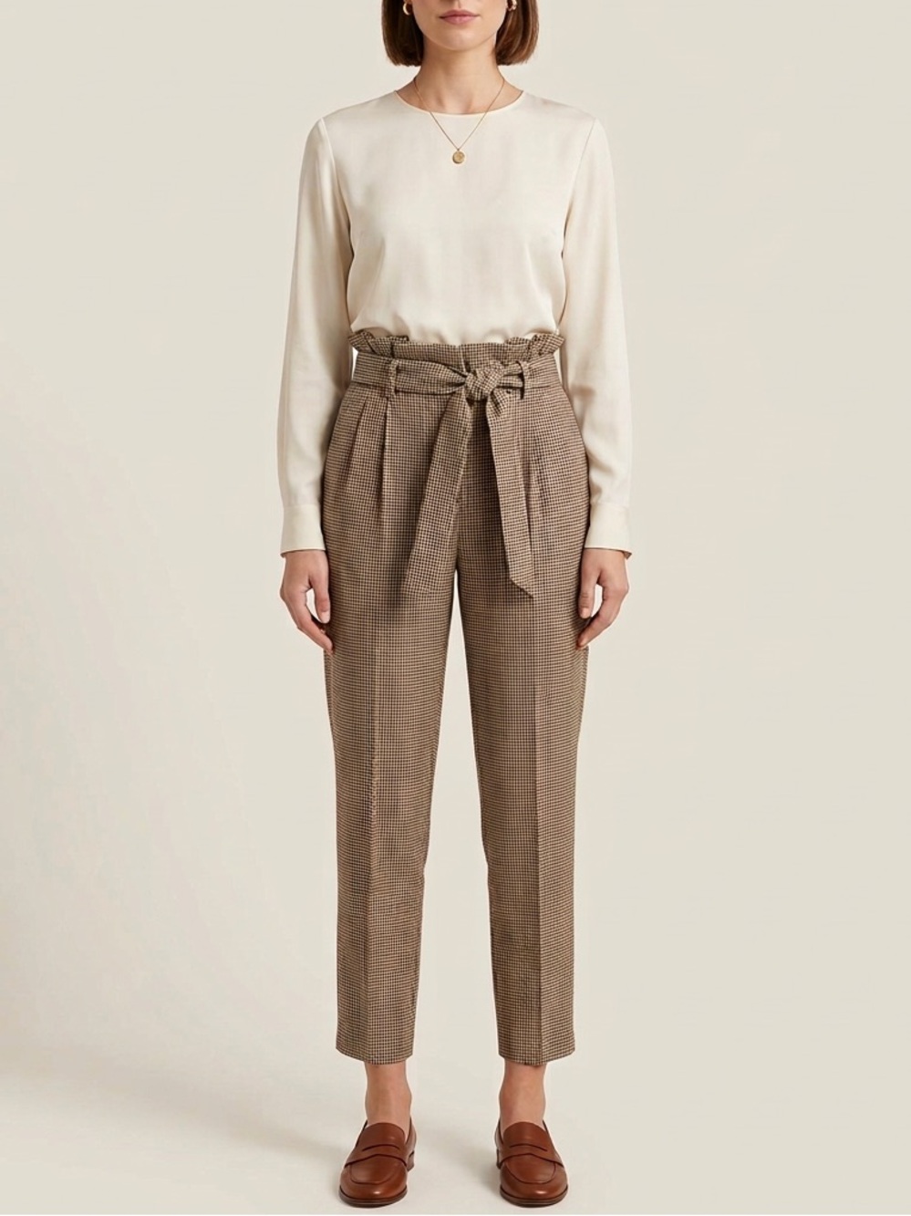High Waist Paperbag Herringbone Trousers Brown Wide Leg Dark Academia